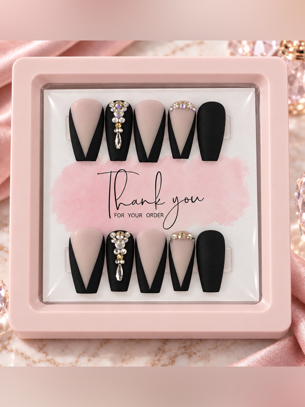 NEW! Custom Matte Black & Blush Press-On Nails with Crystal Accents